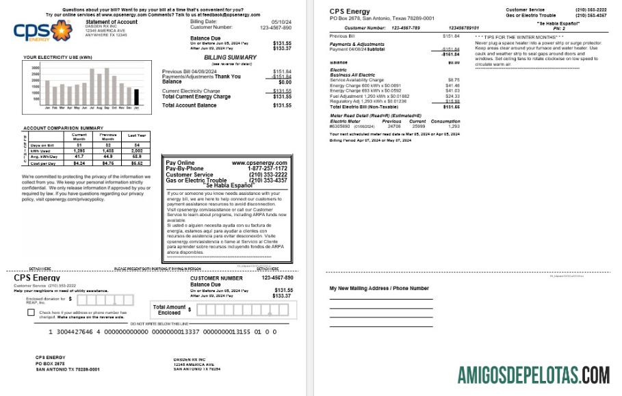 imprimível Modelo Word e PDF de fatura de serviços públicos de negócios da USA CPS ENERGY